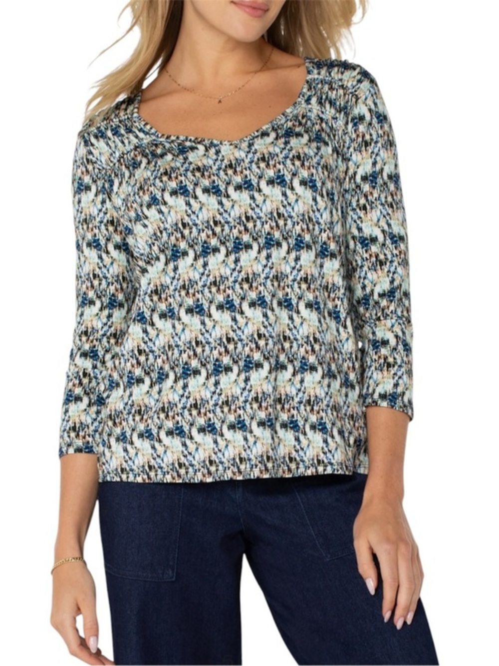 NWT Liverpool Los Angeles Abstract Print Shirred Knit Top - Size L